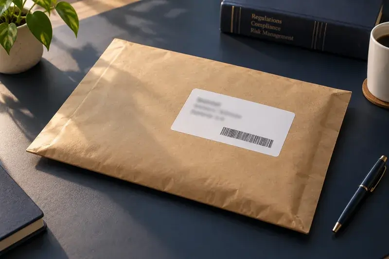 A sealed kraft document mailer with a tracking label on a navy desk.