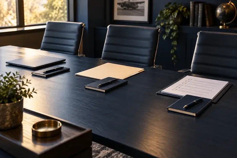 Three separate workstations with notebooks and documents around a conference table.