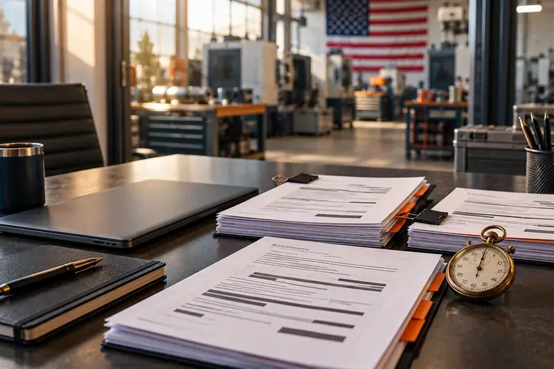 Defense contractor procurement documents, a laptop, and a stopwatch in a precision manufacturing workshop.