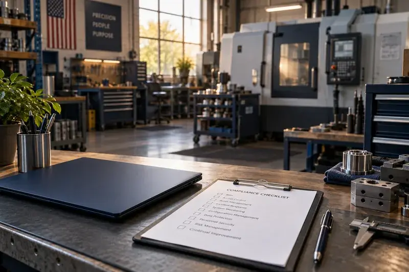 A laptop and checklist on a workbench in a precision manufacturing workshop.