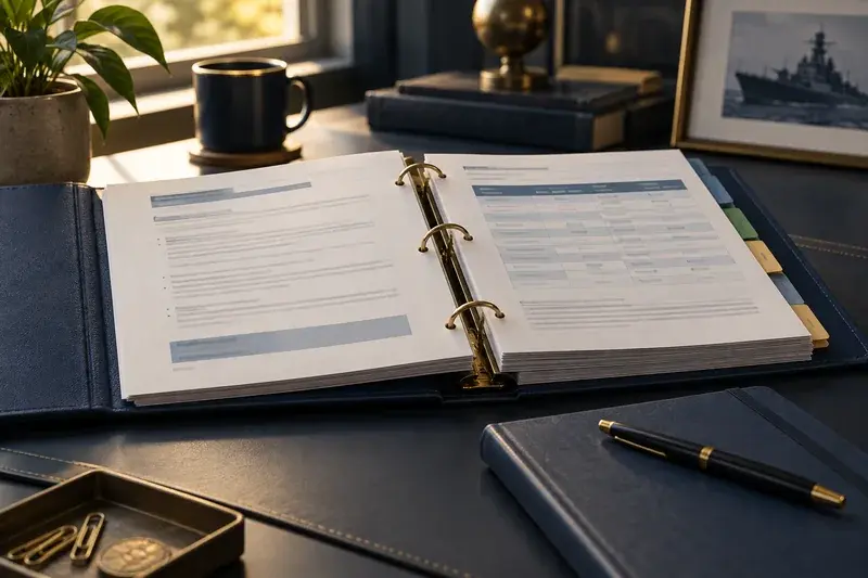 An open tabbed security planning binder with a pen and notebook on a navy desk.