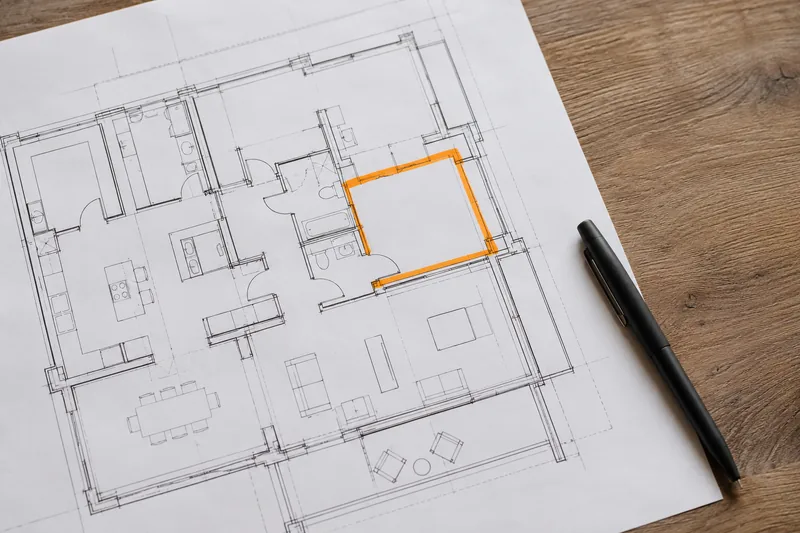 An architect’s floor plan with a single room outlined in orange.