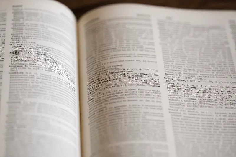 A printed dictionary lying open, one entry in sharp focus.