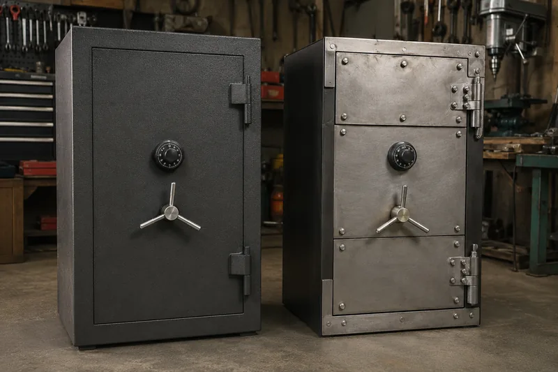 Two safes side by side: one cast as a single unit, the other assembled from plates bolted on.